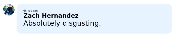 Comment from Zach Hernandez, a top fan, stating Absolutely disgusting in a light blue social media message box.