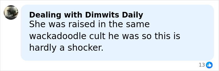 Screenshot of a Facebook comment reacting to the neighbor of Joseph and Kendra Duggar speaking out on a shocking arrest.