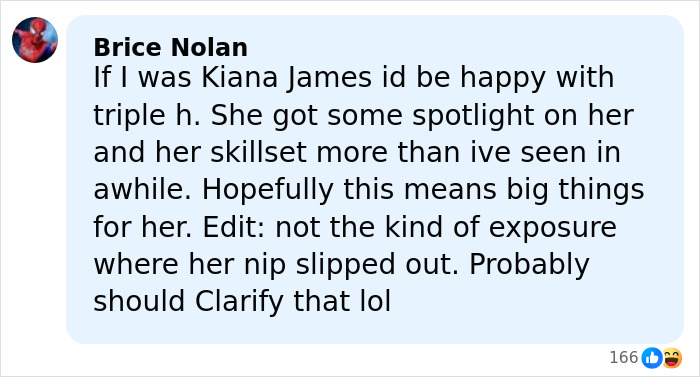 Pro wrestler Kiana James reacting to an awkward wardrobe malfunction during a live TV appearance.