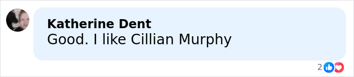 Screenshot of a social media comment by Katherine Dent expressing support for Cillian Murphy in the Voldemort casting discussion. Screenshot of a social media comment by Katherine Dent expressing support for Cillian Murphy in the Voldemort casting discussion.