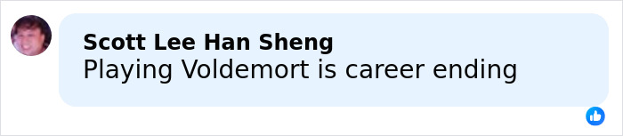 Comment by Scott Lee Han Sheng stating Playing Voldemort is career ending in a social media post. Comment by Scott Lee Han Sheng stating Playing Voldemort is career ending in a social media post.