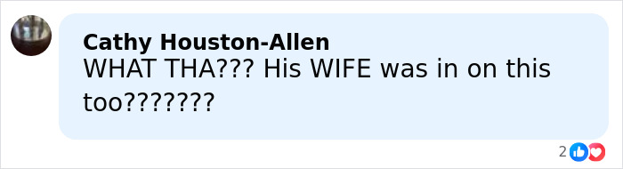 Comment mentioning shock about involvement of a wife, with text in a social media style format.