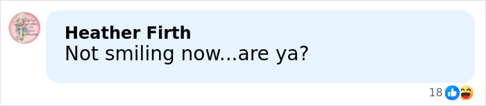 Text comment from Heather Firth questioning a person&rsquo;s smile, related to mugshot of Kendra Duggar in Arkansas arrest case.