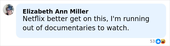 Comment by Elizabeth Ann Miller expressing eagerness for new documentaries to watch, posted on social media.