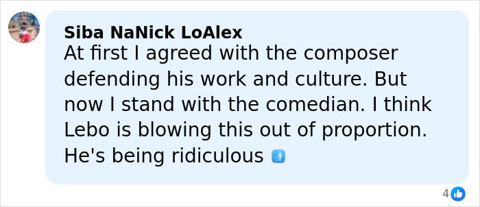 Commenter Siba NaNick LoAlex shares opinion on Lion King composer suing comedian over viral joke controversy.