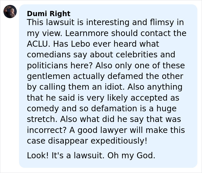 Text comment from user Dumi Right discussing the viral lawsuit involving Lion King composer and comedian over lyrics joke.