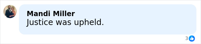 Screenshot of a social media comment reading Justice was upheld related to former Louisiana mayor's pool party incident.