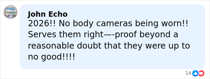 Comment by John Echo criticizing lack of body cameras in 2026, suggesting evidence of police wrongdoing amid a scandalous trial.