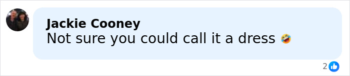 Comment by Jackie Cooney stating uncertainty about calling it a dress, referencing Gwyneth Paltrow&rsquo;s risky Oscars dress malfunction.