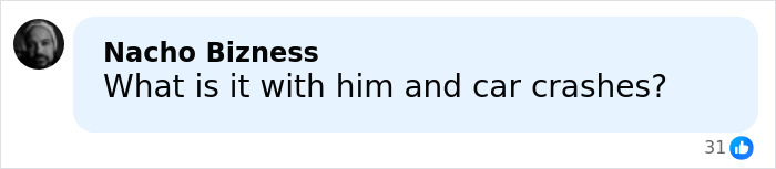 Comment from Nacho Bizness asking about Tiger Woods and car crashes in a social media post.