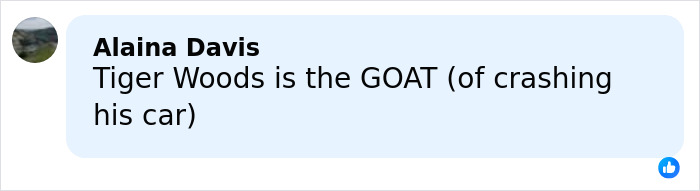 Comment mentioning Tiger Woods as the GOAT related to car crashing, in a social media post format.