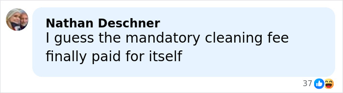 Screenshot of a social media comment joking about a cleaning fee after a large party at an Airbnb property.