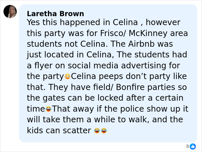 Facebook comment discussing an 800-teen party at an Airbnb in Celina with references to local party customs.