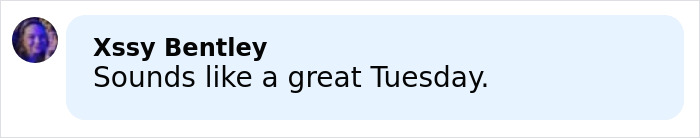 Comment saying sounds like a great Tuesday by user Xssy Bentley in a social media thread.
