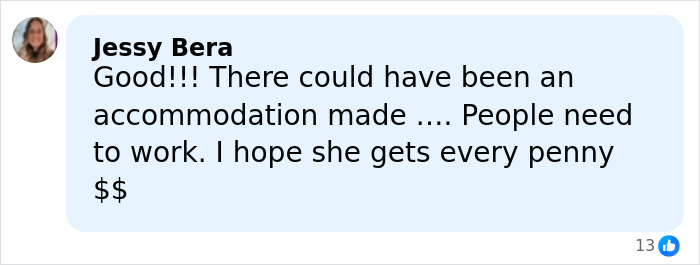 Comment by Jessy Bera supporting work-from-home accommodation, hoping the mom awarded $20M+ in damages receives full compensation. Comment by Jessy Bera supporting work-from-home accommodation, hoping the mom awarded $20M+ in damages receives full compensation.