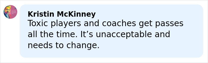 Comment from Kristin McKinney discussing issues with toxic players and coaches in sports, relevant to star water polo player incident. Comment from Kristin McKinney discussing issues with toxic players and coaches in sports, relevant to star water polo player incident.