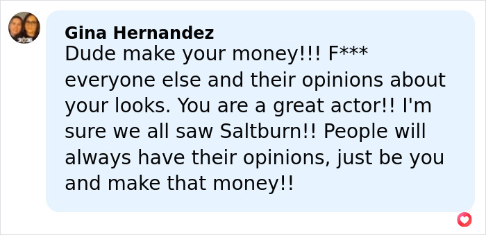 Comment supporting Barry Keoghan amid backlash from Sabrina Carpenter fans over his looks and acting career doubts. Comment supporting Barry Keoghan amid backlash from Sabrina Carpenter fans over his looks and acting career doubts.