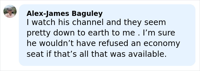 Screenshot of a social media comment discussing an influencer refusing to fly economy and being mocked for claiming to be stranded during war.