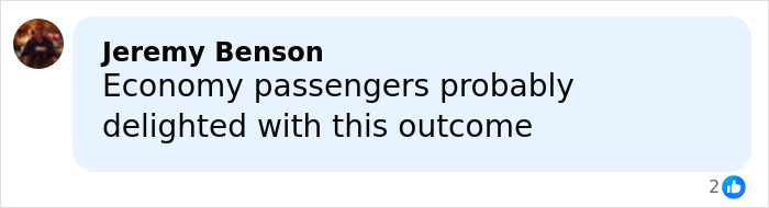 Screenshot of social media comment by Jeremy Benson about economy passengers reacting to an influencer stranded claim.