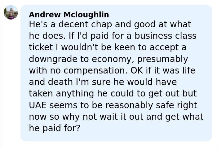 Comment criticizing influencer for refusing to fly economy and causing claim of being stranded during war.