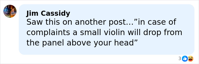 Comment by Jim Cassidy about complaints and a small violin dropping from the panel, related to influencer stranded claim mockery.