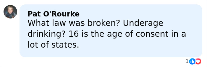 Comment by Pat O'Rourke questioning laws related to underage drinking and age of consent in states.