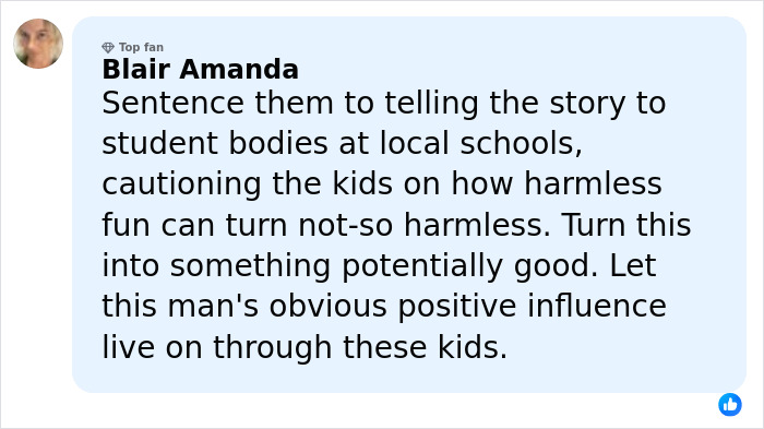 Facebook comment urging teens to share cautionary story after teacher loses life in prank incident.