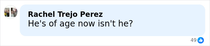 Comment by Rachel Trejo Perez saying He's of age now isn't he, discussing Melania Trump and Barron photo leak consequences.