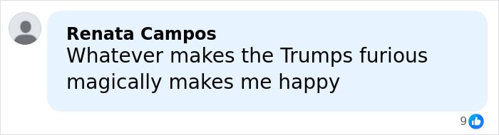 Comment by Renata Campos expressing happiness over something that made the Trumps furious, related to Melania Trump Barron photo leak.