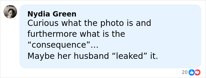 Comment by Nydia Green expressing curiosity about Barron photo leak and consequences, speculating on who leaked it.