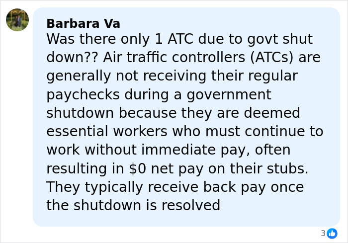 Comment discussing air traffic controllers working without pay during government shutdown amid Air Canada plane crash. Comment discussing air traffic controllers working without pay during government shutdown amid Air Canada plane crash.