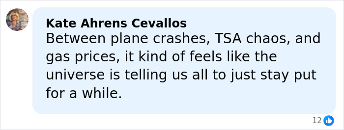 Facebook comment by Kate Ahrens Cevallos discussing plane crashes, TSA chaos, and gas prices amid air traffic control audio release. Facebook comment by Kate Ahrens Cevallos discussing plane crashes, TSA chaos, and gas prices amid air traffic control audio release.