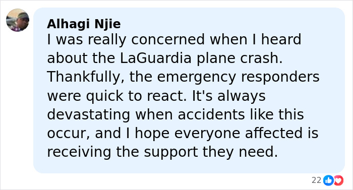 User comment expressing concern about the LaGuardia Airport Air Canada plane crash and emergency responders’ quick reaction. User comment expressing concern about the LaGuardia Airport Air Canada plane crash and emergency responders’ quick reaction.