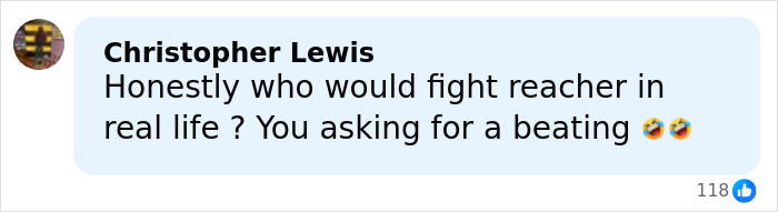 Comment by Christopher Lewis questioning who would fight Reacher in real life, with laughing emojis, on a social media post.