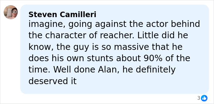 Comment praising Alan Ritchson for his stunts and physicality, discussing the wild fight with neighbor incident.
