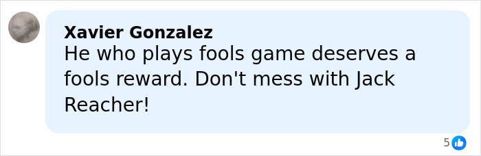 Comment by Xavier Gonzalez discussing a wild fight involving Alan Ritchson and his neighbor, emphasizing a bold warning.