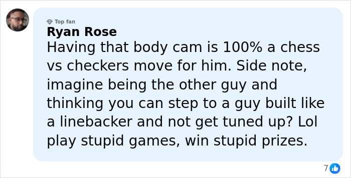 Comment from Ryan Rose discussing a body cam move in Alan Ritchson wild fight with neighbor situation.