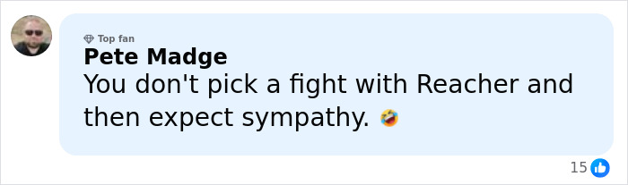 Man with sunglasses and beard comments humorously about Alan Ritchson's wild fight with neighbor in a social media post.