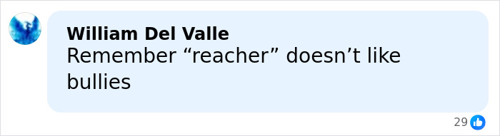 Comment by William Del Valle mentioning reacher and bullies in a social media post about Alan Ritchson fight with neighbor.