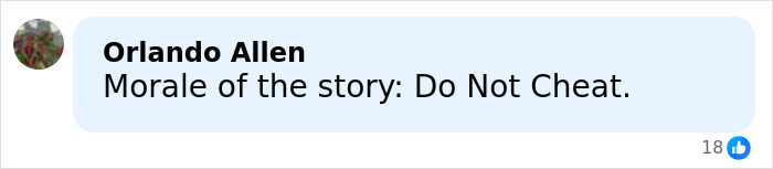Facebook comment by Orlando Allen saying Morale of the story Do Not Cheat discussing nurse's violent demise case.