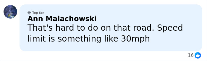 Comment about Tiger Woods&rsquo; car crashes and rollover, mentioning the challenging road with a 30mph speed limit.