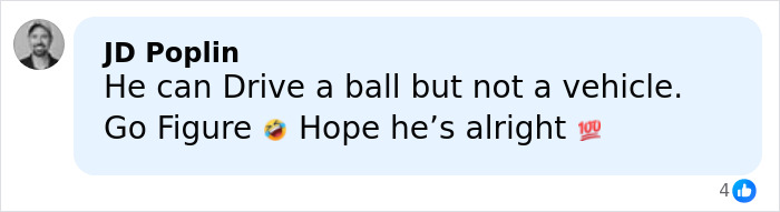 Comment mentioning Tiger Woods' car crashes and hoping he is alright after the vehicle rollover in Florida.