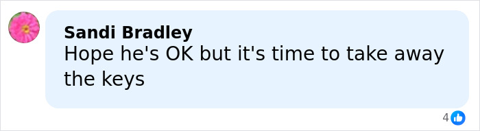 Comment by Sandi Bradley expressing concern and suggesting it&rsquo;s time to take away the keys after Tiger Woods' car crashes and rolls over in Florida.