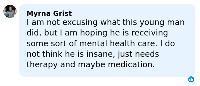 Comment by Myrna Grist expressing concern about mental health care and therapy for a young man showing breaking point signs.