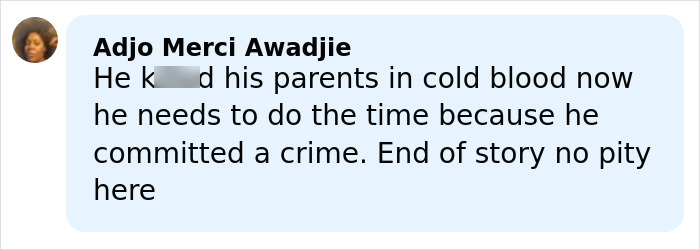 Comment screenshot showing a user expressing no pity for a crime, reflecting themes in Nick Reiner&rsquo;s account raising disturbing breaking point signs.