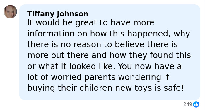 Comment from Tiffany Johnson expressing concern about safety of new toys after hidden items found in Barbie packaging.