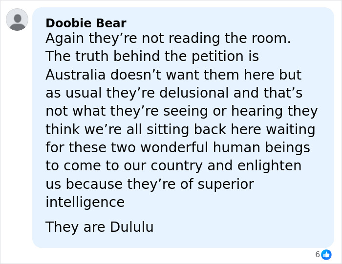 Commenter Doobie Bear expressing criticism about Prince Harry and Meghan Markle related petition against their trip.