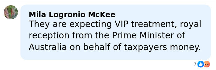 Comment by Mila Logronio McKee criticizing VIP treatment and royal reception for Prince Harry and Meghan Markle on taxpayers' money.