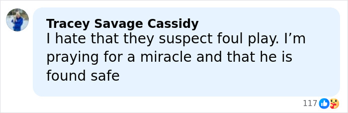 Comment from Tracey Savage Cassidy expressing hope for a miracle in the suspicious footage case of missing American student.