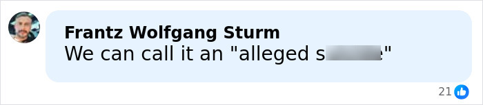 Facebook comment by Frantz Wolfgang Sturm discussing an alleged sensitive topic, with 21 reactions visible.